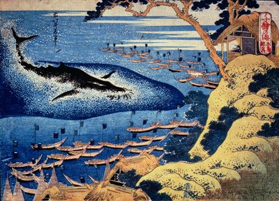 Caça à baleia na Ilha Goto, da série &39;Oceans of Wisdom&39; (impressão em xilogravura colorida) de Katsushika Hokusai