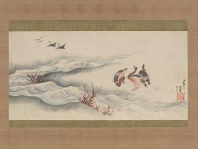 Gansos selvagens e água de Katsushika Hokusai
