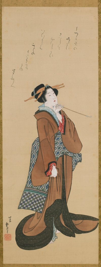 Mulher segurando um cachimbo de tabaco, ca. 1814-1815. de Katsushika Hokusai