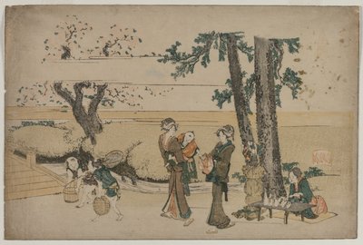 Mulher passando uma loja na estrada perto de Oji, início do século XIX. de Katsushika Hokusai