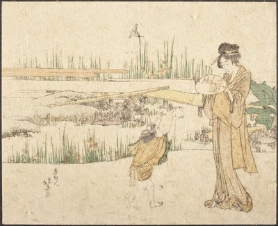 Mulher e criança num jardim; fragmento de «O vendedor de peixes dourados» de Katsushika Hokusai
