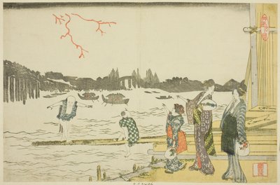 Mulheres e crianças vendo os fogos de artifício de Katsushika Hokusai