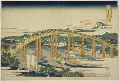 Ponte Yahagi em Okazaki no Tokaido (Tokaido Okazaki Yahagi no hashi), da série “Vistas incomuns de pontes famosas em várias províncias (Shokoku meikyo kiran)” de Katsushika Hokusai