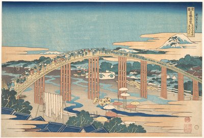 Ponte Yahagi em Okazaki, na Tōkaidō (Tōkaidō Okazaki Yahagi no hashi), da série «Vistas Notáveis de Pontes em Várias Províncias» (Shokoku meikyō kiran) de Katsushika Hokusai