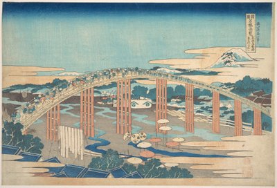 Ponte Yahagi em Okazaki, na Tōkaidō (Tōkaidō Okazaki Yahagi no hashi), da série «Vistas Notáveis de Pontes em Várias Províncias» (Shokoku meikyō kiran) de Katsushika Hokusai