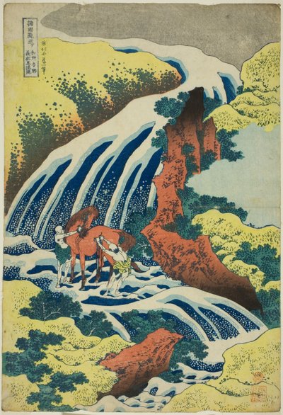 As Cataratas da Lavagem de Cavalos de Yoshitsune em Yoshino na Província de Yamato (Washū Yoshino Yoshitsune uma arai no taki), da série Tour of the Waterfalls in Various Provinces (Shokoku taki meguri) de Katsushika Hokusai