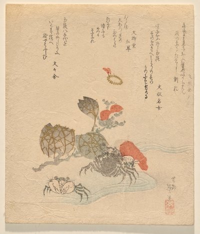 Caranguejos com ramo de rosas chinesas de Katsushika Taito II