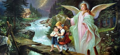 Um anjo da guarda protege duas crianças que atravessam um rio numa velha ponte de madeira, no início do século XX (cromolitografia) de Alec Hunter