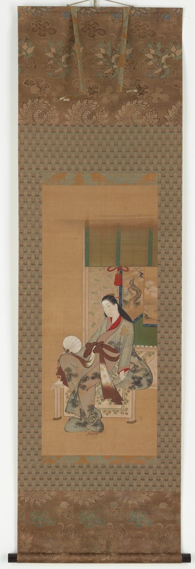 Uma menina sentada em uma varanda, período Edo, século 18. de Kawamata Tsuneyuki
