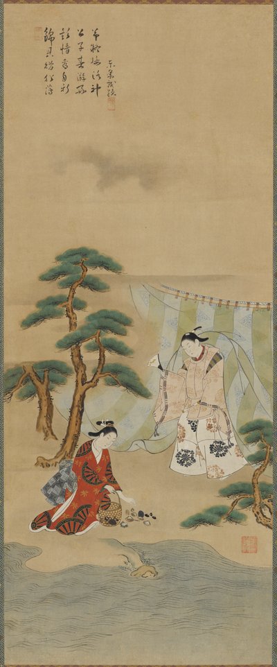 Homem jovem e mulher jovem à beira-mar, período Edo, 1615-1868. de Kawamata Tsuneyuki
