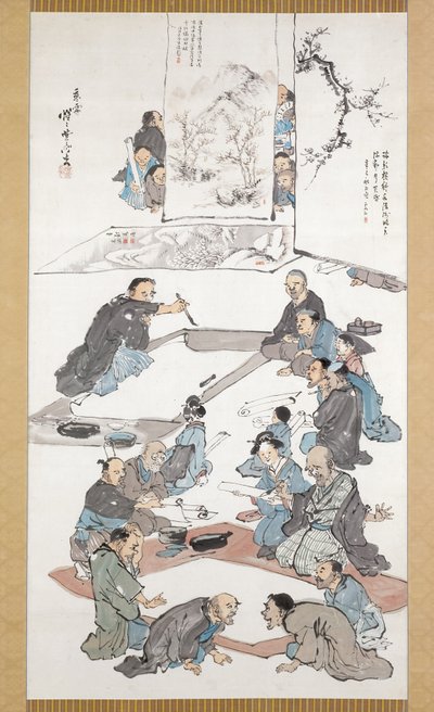 Caligrafia e Festa de Pintura (tinta e cor sobre papel) de Kawanabe Kyosai