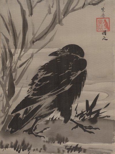 Corvo e junco por um córrego, ca. 1887 de Kawanabe Kyosai