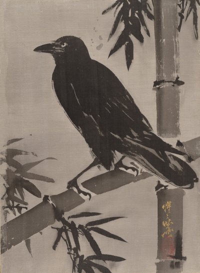 Corvo em um galho de bambu, ca. 1887 de Kawanabe Kyosai