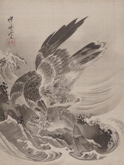 Águia atacando peixe, ca. 1887 de Kawanabe Kyosai