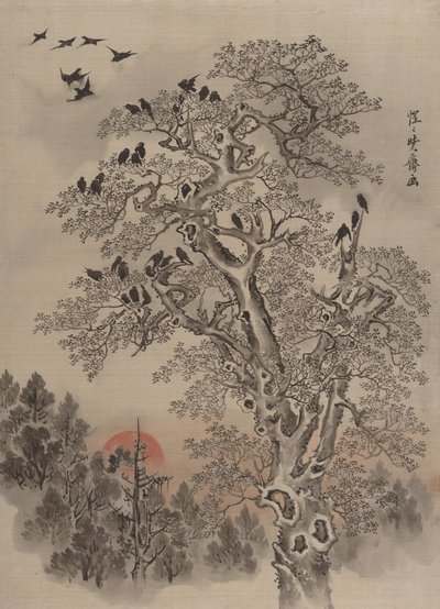 Bando de corvos ao amanhecer, ca. 1887 de Kawanabe Kyosai