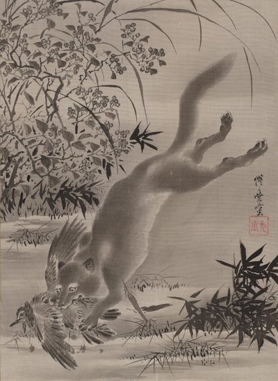 Raposa captura pássaro, ca. 1887 de Kawanabe Kyosai