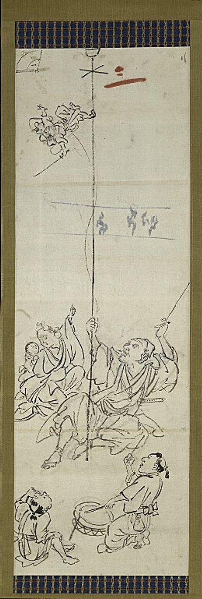 Treinador de macacos, um de seis esboços de Kawanabe Kyosai