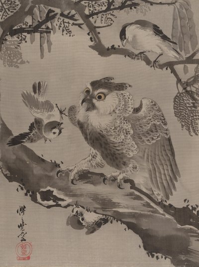 Coruja zombada por pequenos pássaros, ca. 1887 de Kawanabe Kyosai