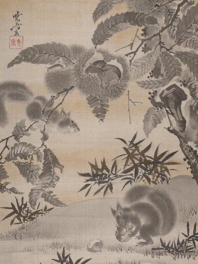 Esquilos que colhem castanhas, ca. 1887 de Kawanabe Kyosai