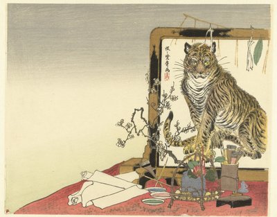 Natureza morta com utensílios de pintura e tela dobrável de Kawanabe Kyosai