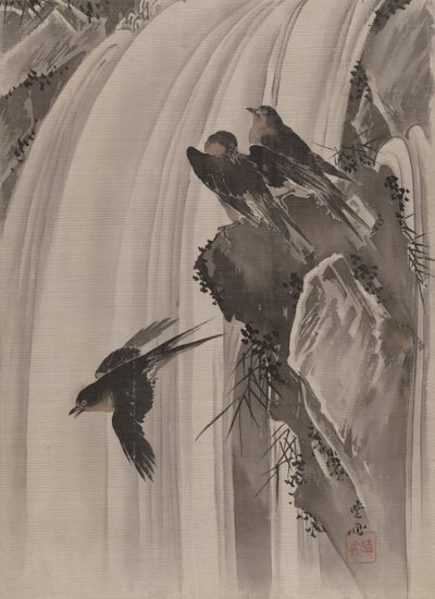 Andorinhas por uma cachoeira, ca. 1887 de Kawanabe Kyosai