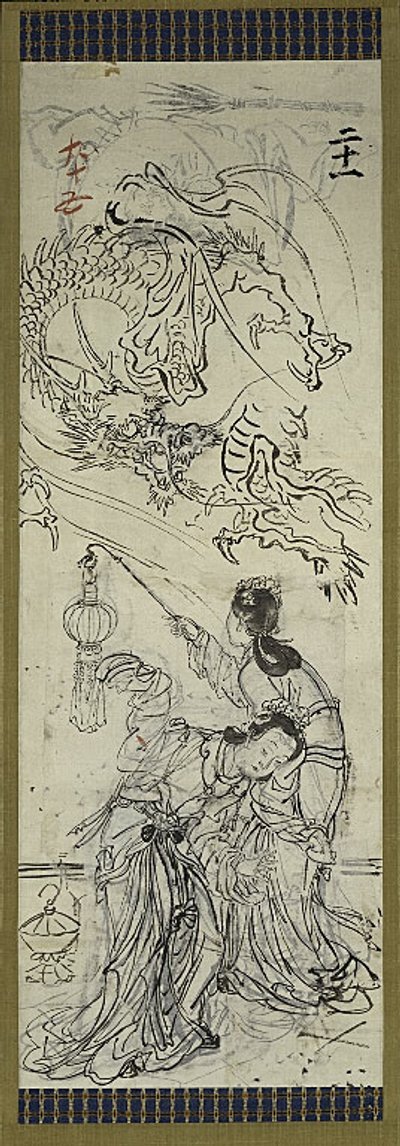 Duas mulheres chinesas com dragão, um de seis esboços de Kawanabe Kyosai