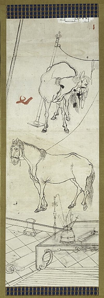 Dois cavalos em estilo chinês, um de seis esboços de Kawanabe Kyosai