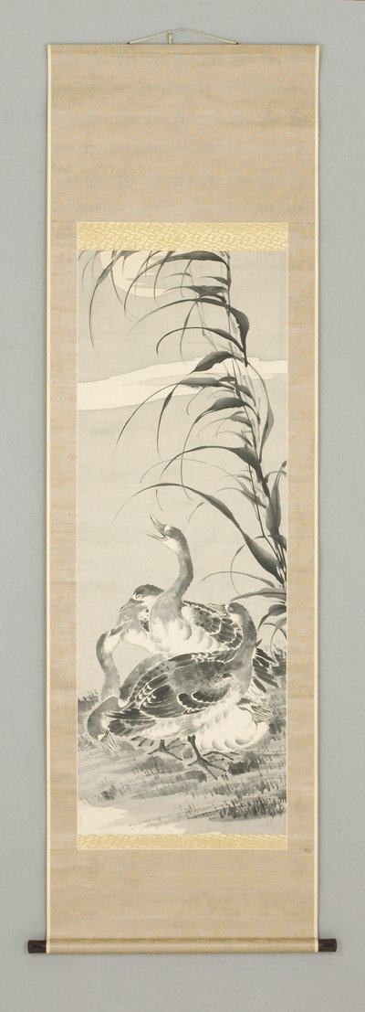 Gansos na paisagem com a lua, meados do século 19 (rolo suspenso: tinta e cor no papel) de Kazan Watanabe