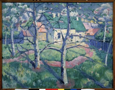 Florescendo Das Macieiras. Paisagem campestre no verão, algumas casas, um caminho, árvores. Pintura de Kasimir Severinovich Malevich (Malevich, Malevic) (1878-1935), óleo sobre tela de Kazimir Severinovich Malevich