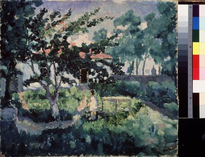 Paisagem de verão. Descrição do jardim de uma pequena casa de campo no verão, com uma criança aproveitando as férias de verão. Pintura de Kasimir Severinovich Malevich (Malevich, Malevic) (1878-1935), óleo sobre tela de Kazimir Severinovich Malevich