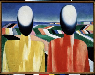 Camponeses (camponeses). Duas cabeças sem rosto diante de uma paisagem de campos cultivados. Pintura de Kasimir Severinovich Malevitch (Malevich, Malevic) (1878-1935), óleo sobre tela, por volta de 1930. Arte russa, vanguarda, século XX, suprematismo. Musa de Kazimir Severinovich Malevich