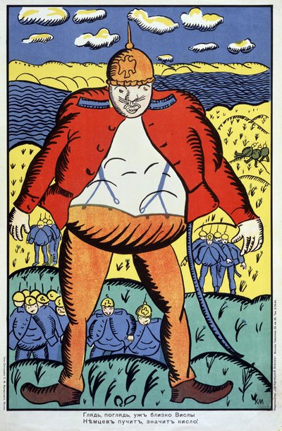 Olha, o Vístula não está longe... (Veja, a vístula não está longe...). Primeira Guerra Mundial (1914-1918), um gigantesco soldado alemão com o seu casaco aberto e um capacete de picos, seguido pelo resto das suas tropas, na Polónia, após o confronto com os de Kazimir Severinovich Malevich
