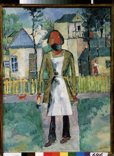 Um carpinteiro (Um carpinteiro). O artesão está de pé em frente a uma aldeia do campo, usando o seu avental de trabalho e segurando as suas ferramentas em cada mão. Pintura de Kasimir Severinovich Malevich (Malevich, Malevic) (1878-1935), óleo sobre madeir de Kazimir Severinovich Malevich
