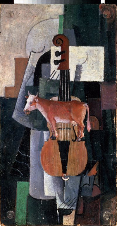 Vaca e violino (vaca e violino). Pintura de Kasimir Severinovich Malevitch (Malevich, Malevic) (1878-1935), óleo sobre madeira de Kazimir Severinovich Malevich