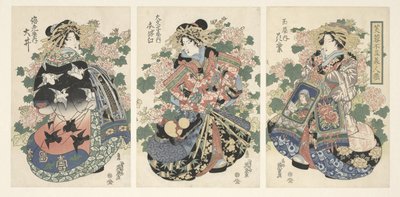 Drie paraderende courtisanes de Keisai Eisen