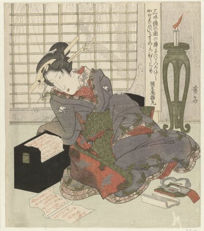 Uma gueixa se apoia na caixa de seu shamisen de Keisai Eisen
