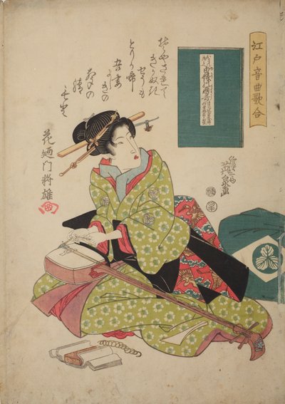 Mulher a colocar uma corda num shamisen, da série: Concurso musical em Edo de interpretação de shamisen - Edo ongyoku uta-awase de Keisai Eisen