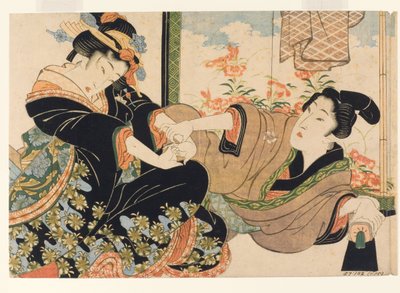 Amantes por uma tela pintada, 1815-25 (xilogravura) de Keisai Eisen