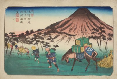 Oiwake, viajantes com um cavalo a passar uma montanha, prancha 22 da série: As sessenta e nove estações da estrada Kisokaido de Keisai Eisen