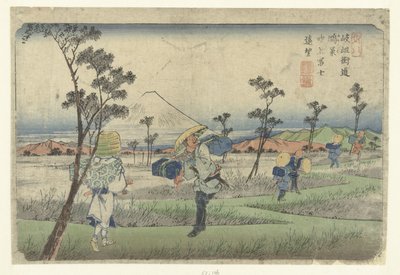 Vista do Monte Fuji em forma de fonte, tal como visto de Konosu.
Konosu fukiage Fuji enbo (título sobre o objecto)
As estações do Kisokaido (título da série)
Kisoji eki (título da série sobre o objecto) de Keisai Eisen