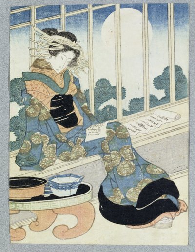 Lady Japonesa Reading by Moonlight (impressão em xilogravura) de Keisai Yeisen