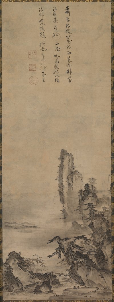 Templo solitário e penhasco alto, c. 1480. de Kenkō Shōkei
