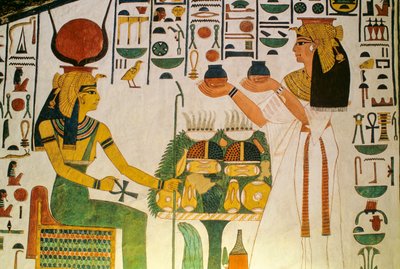 Túmulo de Nefertari; Nefertari oferece vinho a um grupo de divindades; Egipto, Vale do... de Kenneth Garrett