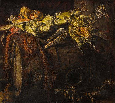 Barril velho e espigas de milho (óleo sobre tela) de Kenneth Newton