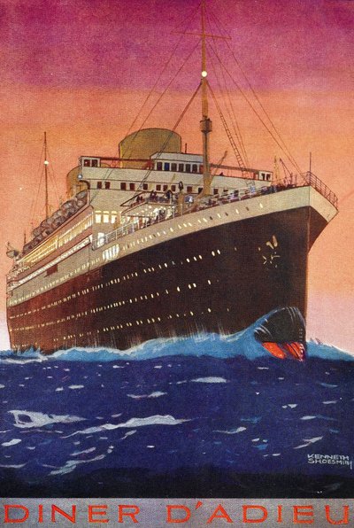Capa do menu do "jantar de despedida" de um navio de passageiros, representando o navio, visto da proa, a navegar sob um céu iluminado pelo sol poente de Kenneth Shoesmith
