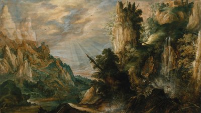 Uma paisagem montanhosa com uma cachoeira, ca. 1600 de Kerstiaen de Keuninck