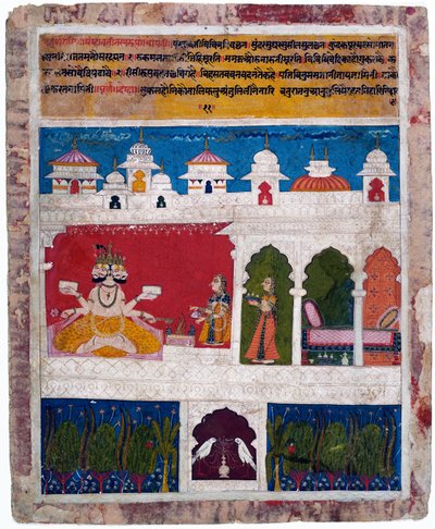 Uma senhora em um terraço oferece o antigo sacrifício ritual védico a Brahma, c.1725 de Khambavati Ragini