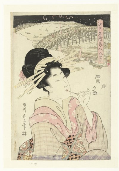 Brilho da noite em Ryogoku Ryogoku no sekisho (título do objeto) Oito rostos de lugares famosos e belezas em Edo (título da série) Edo meisho bijin hakkei (título da série) de Kikugawa Eizan