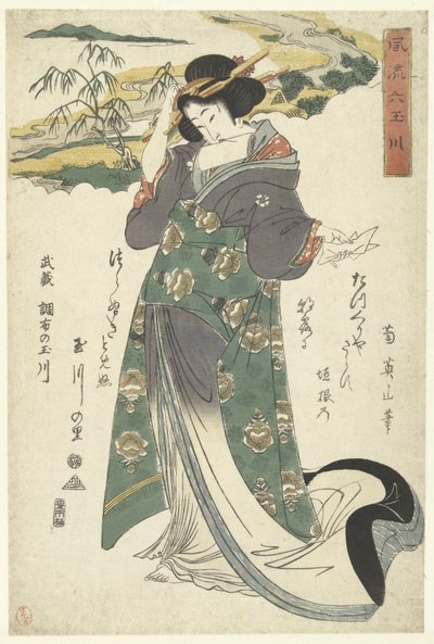 De Chofu Tama rivier na província de Musashi Musashi Chofu no Tamagawa (título do objeto) De elegante zes Tama rivieren (título da série) Furyu Mu Tamagawa (título da série no objeto) de Kikugawa Eizan