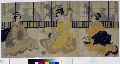 Festival das três belezas. (Festa das Três Belezas). Grupo de três cortesãs (gueixa, geiko) do período Edo ou período Tokugawa (1600-1868) em uma casa de chá (ochaya). Obra de Kikukawa Eizan (1787-1867), xilogravura (impressão) 1814. Arte i de Kikukawa Eizan